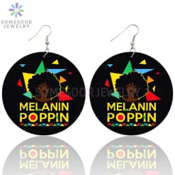 SOMESOOR Melanin Poppin Queen Curly Wooden Drop Earrings Black Girl Magic Goddess Art Printed Afro Loops Dangle For Women Gifts