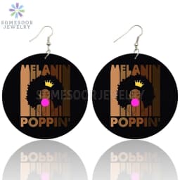 SOMESOOR Melanin Poppin Queen Curly Wooden Drop Earrings Black Girl Magic Goddess Art Printed Afro Loops Dangle For Women Gifts