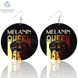 SOMESOOR Melanin Poppin Queen Curly Wooden Drop Earrings Black Girl Magic Goddess Art Printed Afro Loops Dangle For Women Gifts
