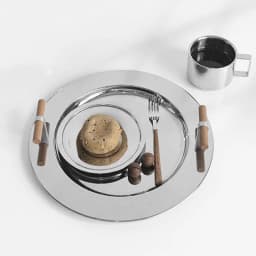Stainless Steel Round Tray Nordic Wood Handle Storage Put Tea Cup Plate Jewelry Display Serving Tray Cosmetic Storage organizer
