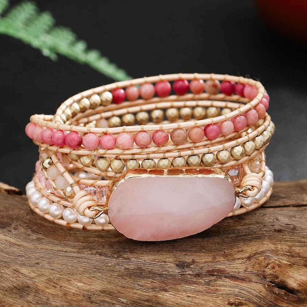 Real Leather Handwoven Natural Pink Stone Crystal Bead Wrap Bracelet Women Love Gemstone Boho Style Stone Strand Bracelets