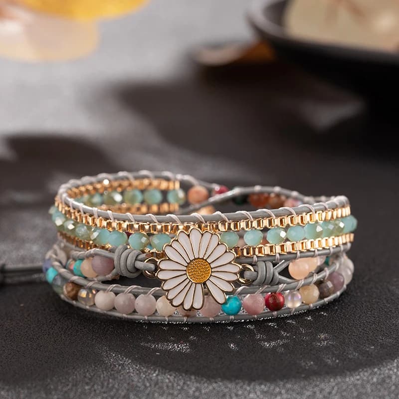 Natural Stone Small Daisies with Turquoise Bracelet Three-layer Color Braided Bracelet Winding Bead Bracelet for Women Girl