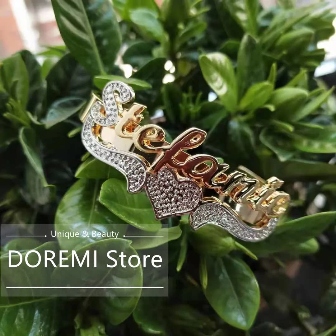 DOREMI Adult Custom Name Bangle Double Plate Name Bracelets Personalized Stainless Steel Two Toned Name Bangles For Women Gifts