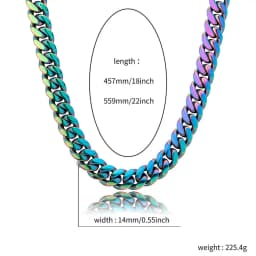 GUCY 10mm and 14mm Rainbow Color Mens Hip Hop Stainless Steel Cuban Chain Jewelry Hip Hop Necklace