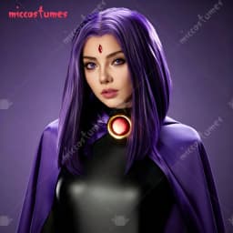 【Ready for Ship】Miccostumes Women's Super Heroine Raven Cosplay Costume for Halloween Straight Bob Hair Styled Wigs and Bodysuit