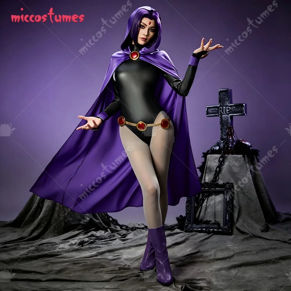 【Ready for Ship】Miccostumes Women's Super Heroine Raven Cosplay Costume for Halloween Straight Bob Hair Styled Wigs and Bodysuit