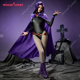 【Ready for Ship】Miccostumes Women's Super Heroine Raven Cosplay Costume for Halloween Straight Bob Hair Styled Wigs and Bodysuit
