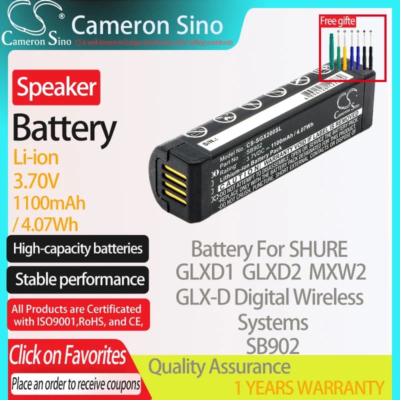 CameronSino Battery for SHURE GLXD1 GLXD2 GLX-D Digital Wireless Systems MXW2 fits SHURE SB902 Speaker Battery 1100mAh 3.70V