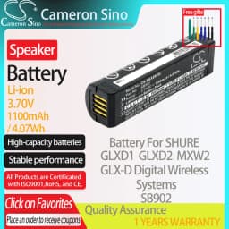 CameronSino Battery for SHURE GLXD1 GLXD2 GLX-D Digital Wireless Systems MXW2 fits SHURE SB902 Speaker Battery 1100mAh 3.70V