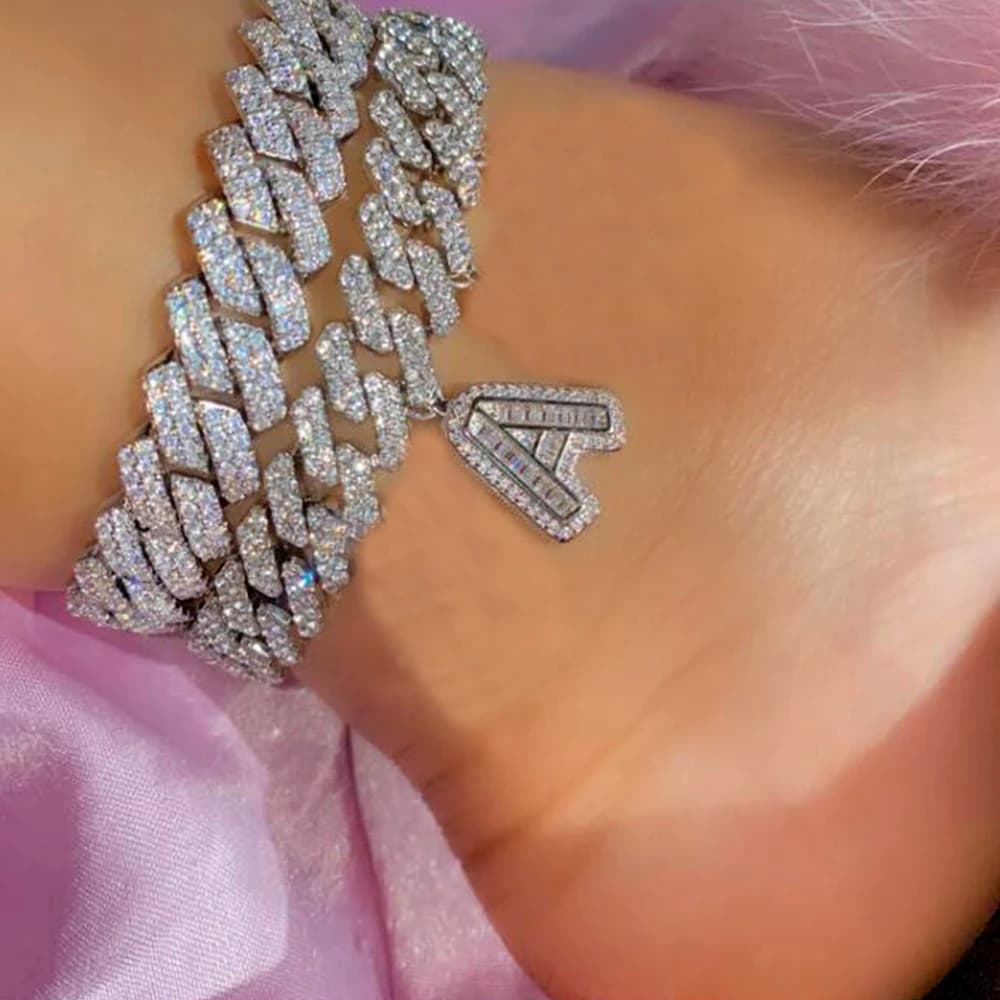 Crystal Hip Hop Cuban Link Initial A-Z Alphabet Anklet Bracelet on the Leg for Women Men Iced Out Baguette Thick Chunky Anklet