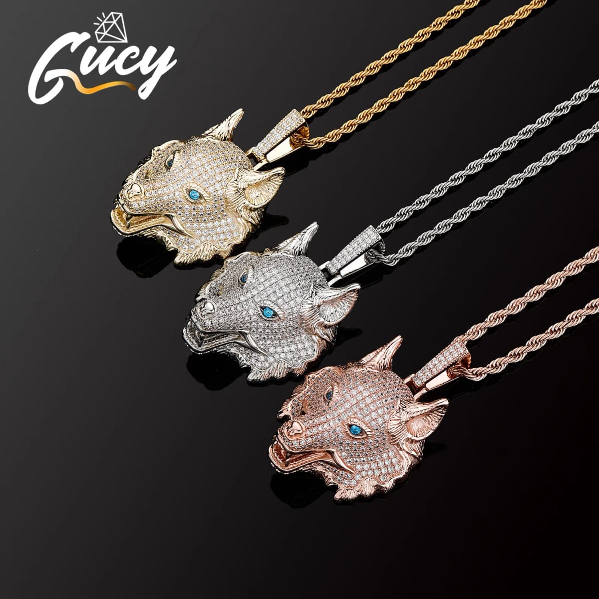 GUCY New Gold Silver Color Animal Wolf Head Pendant With Full Iced Out AAAA Cubic Zirconia Hip Hop Necklace Jewelry For Gift