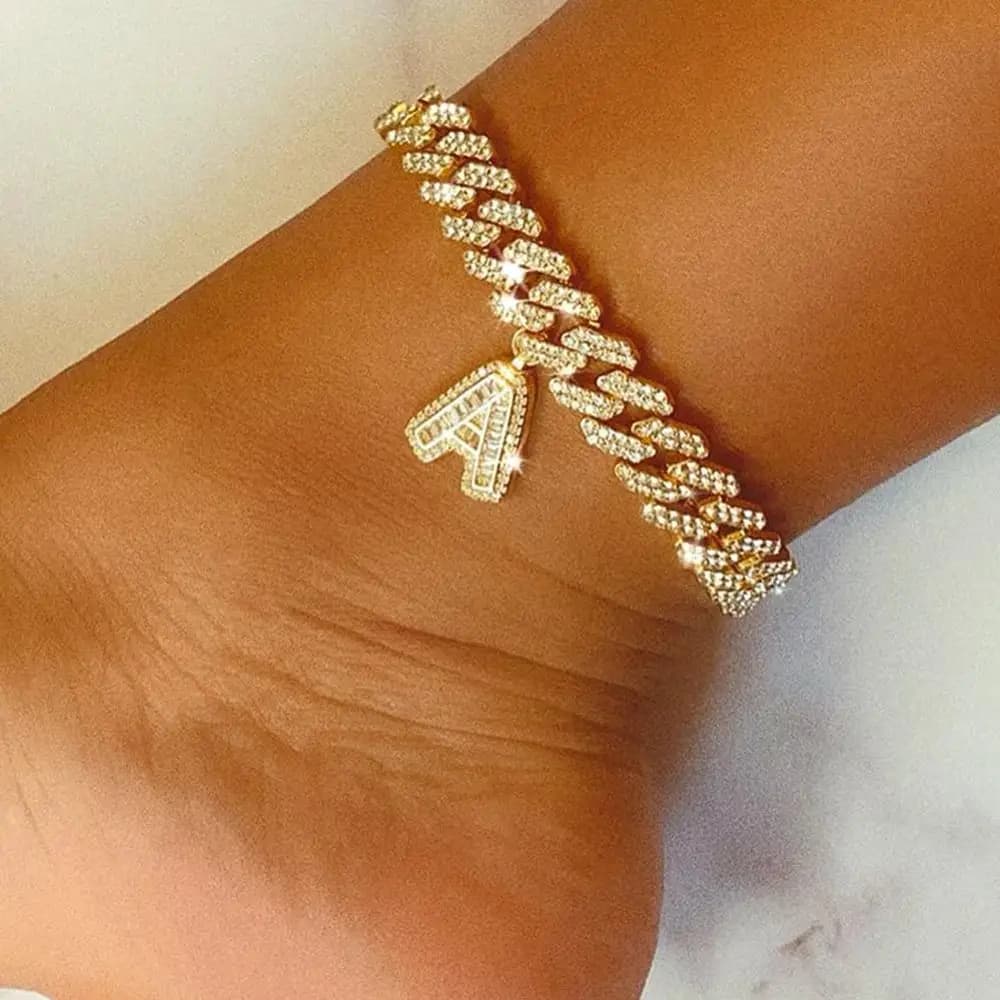 12mm DIY Layered Initial Cuban Link Chain Iced Out Anklets for Women Cuban Anklet Ankle Bracelet Stainless Steel Jewelry