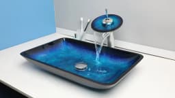 ZAPPO Tempered Glass Bathroom Vessel Sink with Waterfall Black Faucet Tap Bathroom Oval Blue Vessel Sinks Above Counter Basin