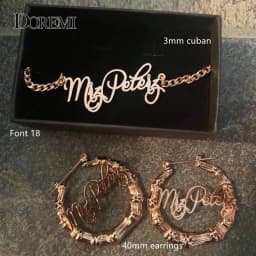 DOREMI Name Earrings and Necklace set 3MM Cuban Chain Round Bamboo Earrings Custom Bamboo HoopLetter Personalised Name Earrings