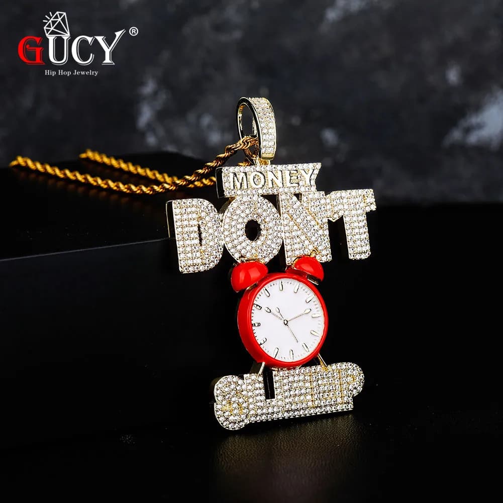 GUCY Hip hop Jewelry Alarm Clock Pendant Necklace Full Iced Out AAA Cubic Zircon Fashion Accessories for Drop Shipping