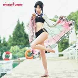 Women Bathing Suit Two Piece Bathing Suit Swimwear with Strapped Butterfly-Printed Kimono Haori Cover Up