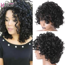 Unice Hair Brazilian Fluffy Curly Human Hair Wig Black Bouncy Curl Hair Wig with Bang Glueless Wig for Women Pixie Cut Wig