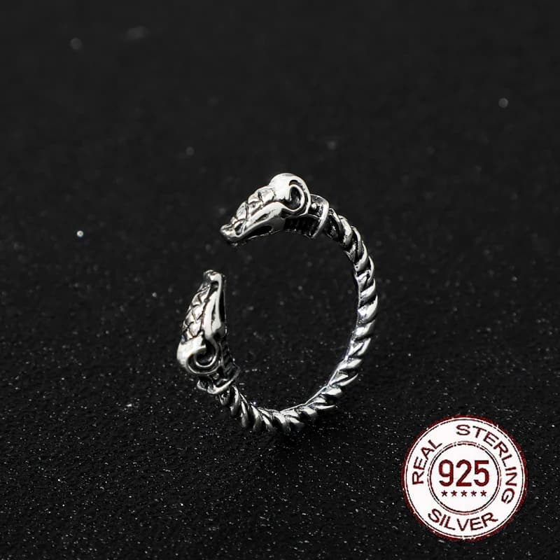 S925 Sterling Silver Viking Adjustable Goat Twist Ring with vintage viking wood box
