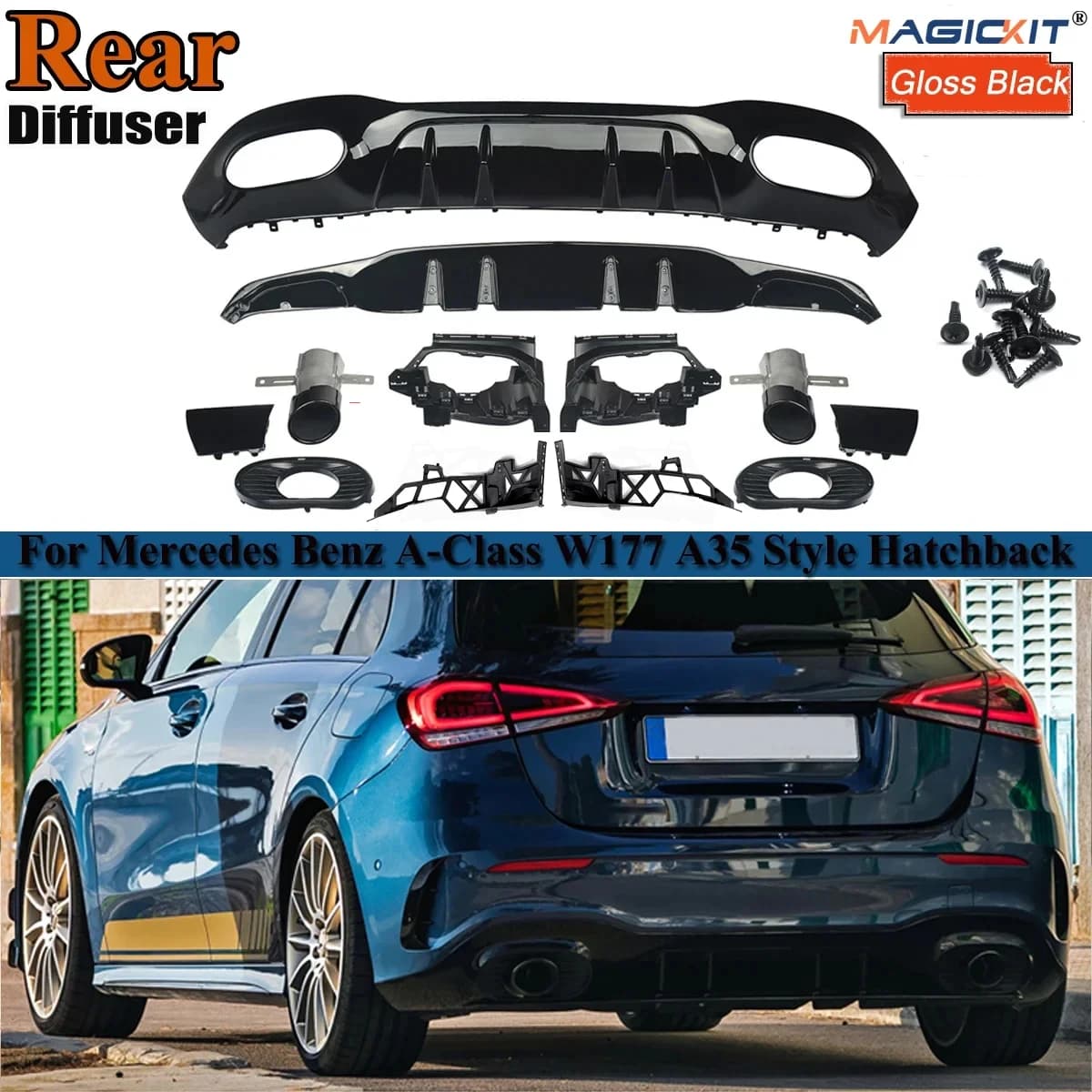 Rear Diffuser Lip For Mercedes Benz W177 A35 AMG Line Style 2018+ Back Bumper Spoiler Splitter With Exhaust Pipe Tips A200 A180