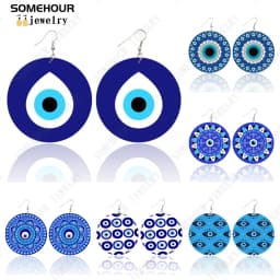 SOMEHOUR Turkish Amulet Against Blue Evil Eyes Printed Wooden Drop Earrings Comics Style Mandala Loops Pendant For Women Gifts