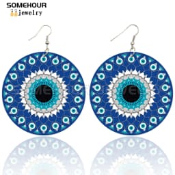 SOMEHOUR Turkish Amulet Against Blue Evil Eyes Printed Wooden Drop Earrings Comics Style Mandala Loops Pendant For Women Gifts