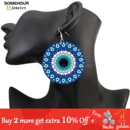 SOMEHOUR Turkish Amulet Against Blue Evil Eyes Printed Wooden Drop Earrings Comics Style Mandala Loops Pendant For Women Gifts