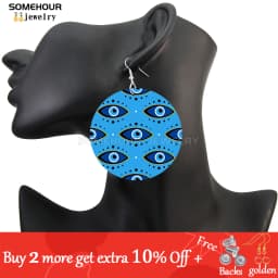 SOMEHOUR Turkish Amulet Against Blue Evil Eyes Printed Wooden Drop Earrings Comics Style Mandala Loops Pendant For Women Gifts
