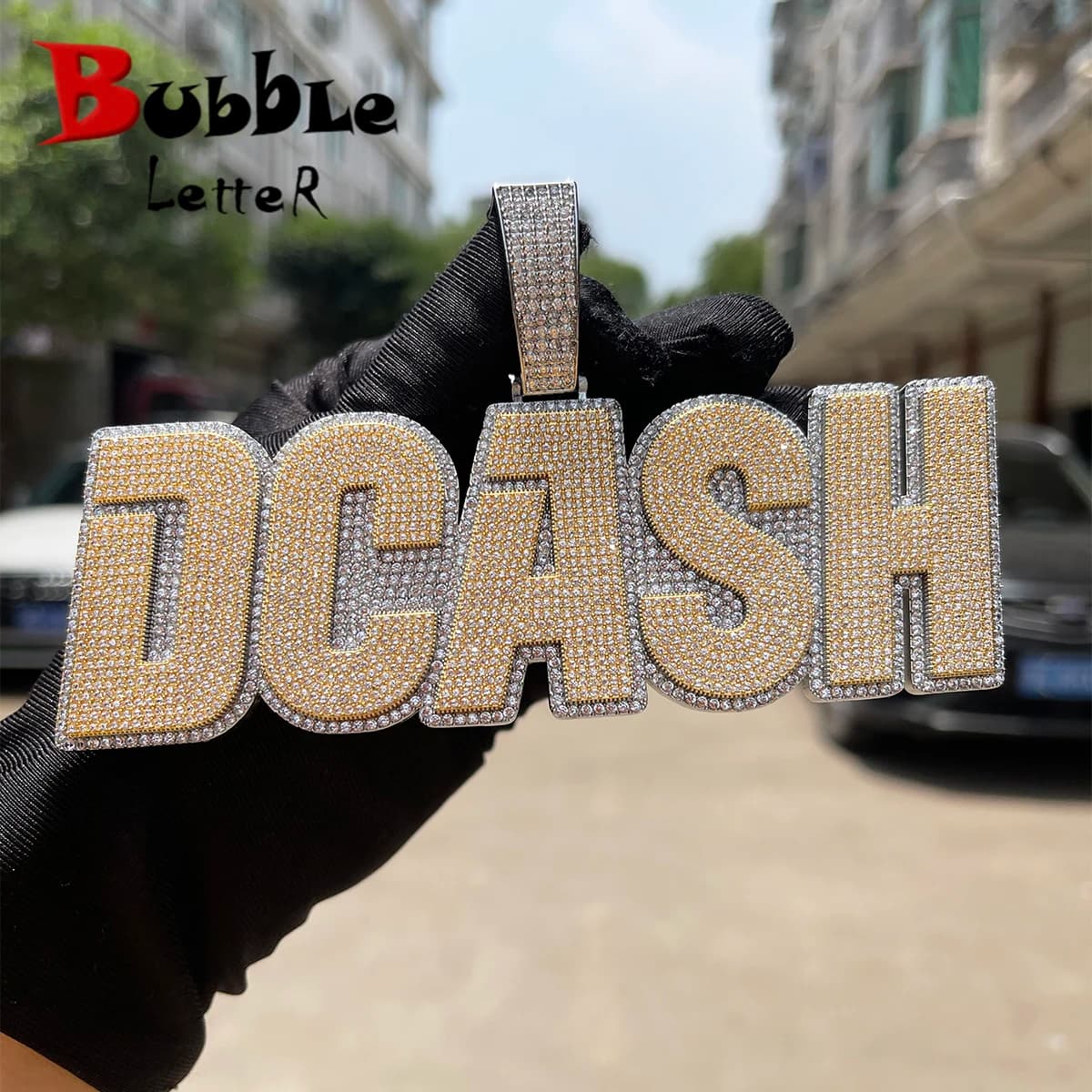 Bubble Letter Custom Name Necklace for Men Solid Base Iced Out Pendant Two Tone Personalized Hip Hop Fashion Jewelry