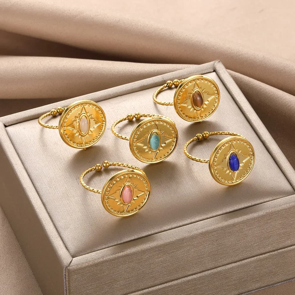 Adjustable Vintage Boho Blue Stone Stainless Steel Rings For Women Oval Fashion New Anillos Jewelry Wedding Gifts