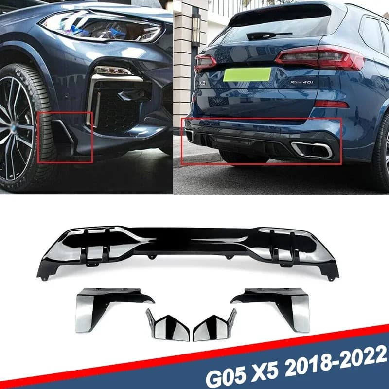 For BMW G05 X5 M Sport Bumper Front and Rear Lip Diffuser X5 Splitter Rear Diffuser 2018-2022 Gloss Black Carbon Fiber Look