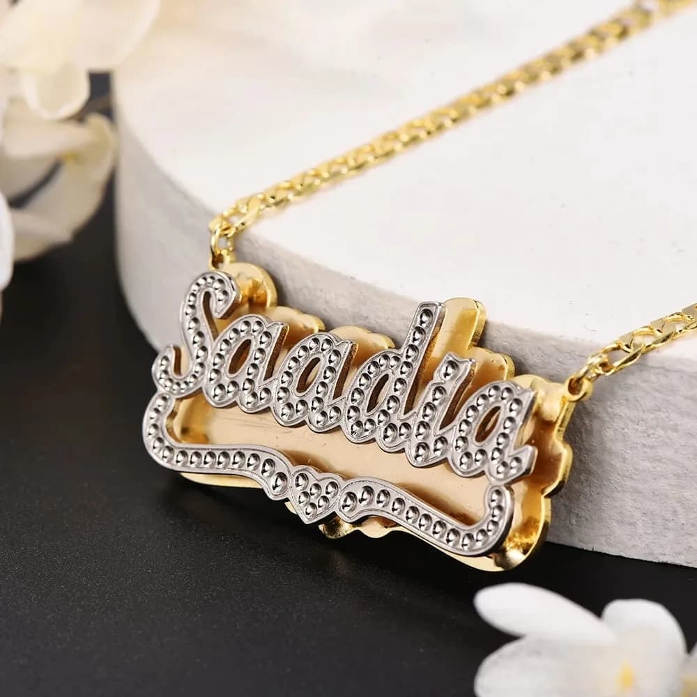 Customized Name Necklace 18K Gold Plated Nameplate 3D Necklace Personalized Double Plate Two Tone with Heart Pendant Necklaces
