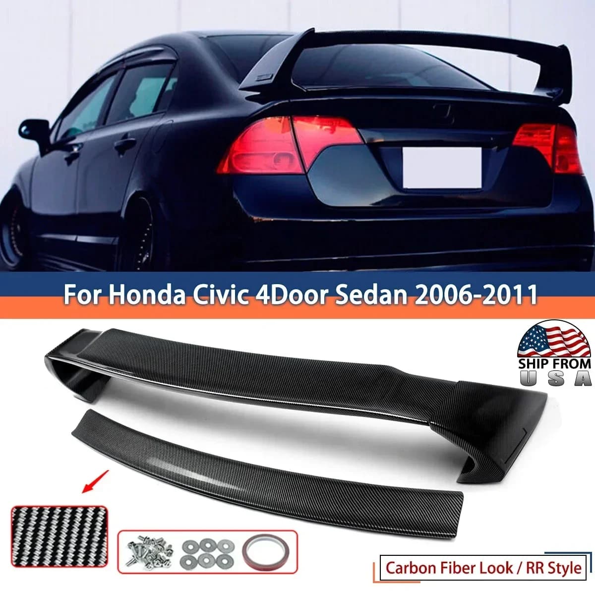 Fit 2006-11 Honda Civic Sedan FD2 Mugen RR Style Spoiler Rear Trunk Lid Wing Accessories Car Rear Wing for Honda Civic