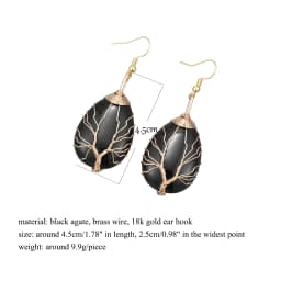 Handmade Teardrop Black Agate Crystal Dangle Earrings for Women, Wire Craft Tree of Life Earrings