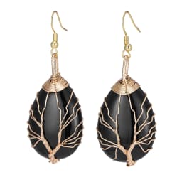 Handmade Teardrop Black Agate Crystal Dangle Earrings for Women, Wire Craft Tree of Life Earrings