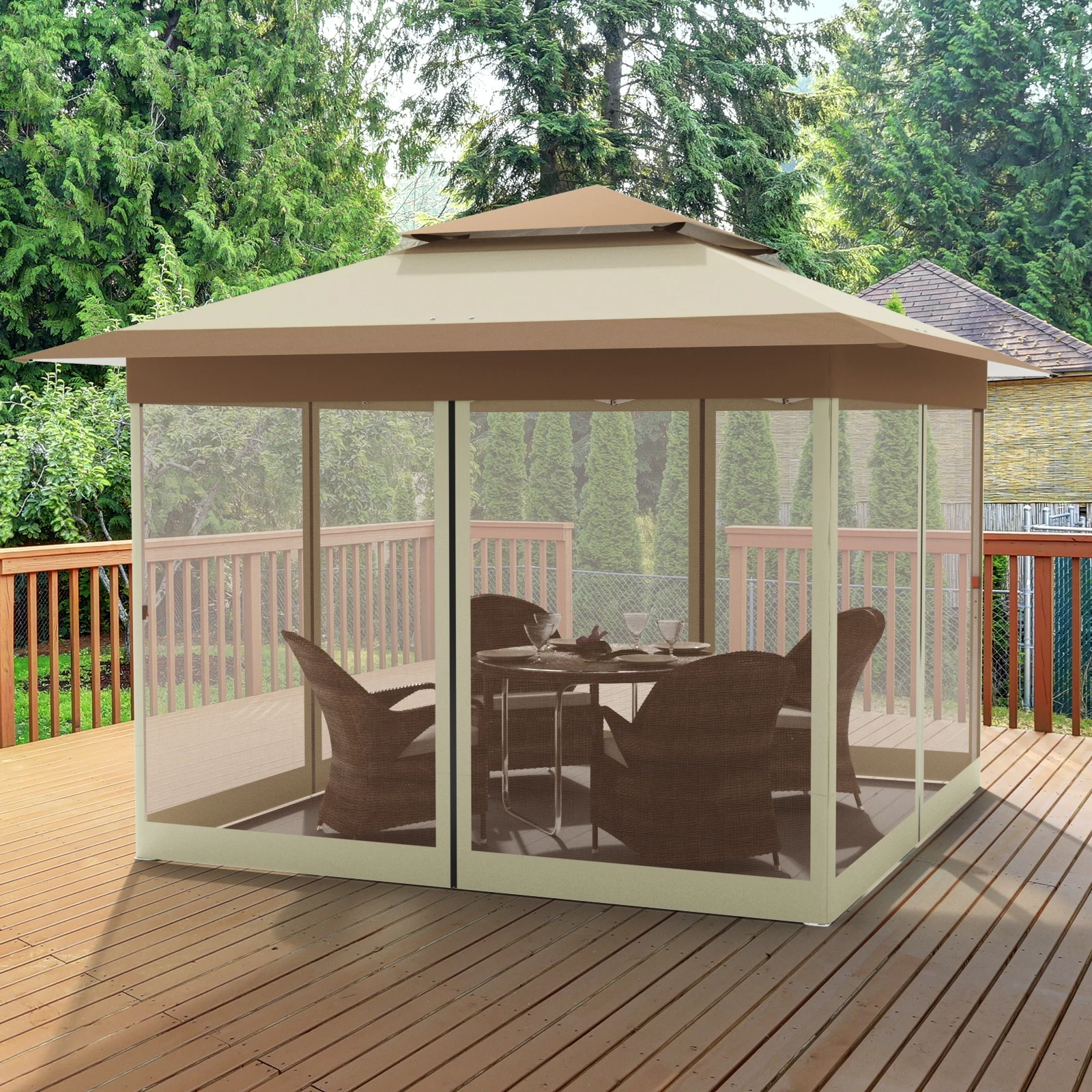 3.3x3.3m Outdoor Gazebo Canopy with 4 Detachable Mosquito Nets, UV and Rainproof Gazebo Patio Pop Up with Double Eaves Folding