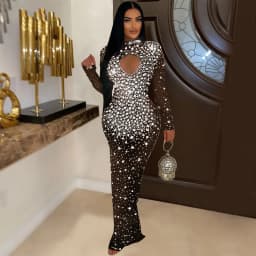 Women Mesh See Through Diamonds Hot Rhinestones Bodycon Long Mermaid Maxi Dress 2024 Evening Sexy Party Dresses Vestidos
