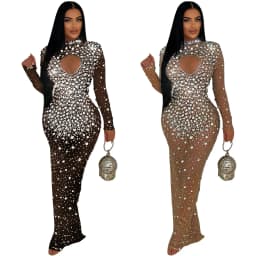 Women Mesh See Through Diamonds Hot Rhinestones Bodycon Long Mermaid Maxi Dress 2024 Evening Sexy Party Dresses Vestidos