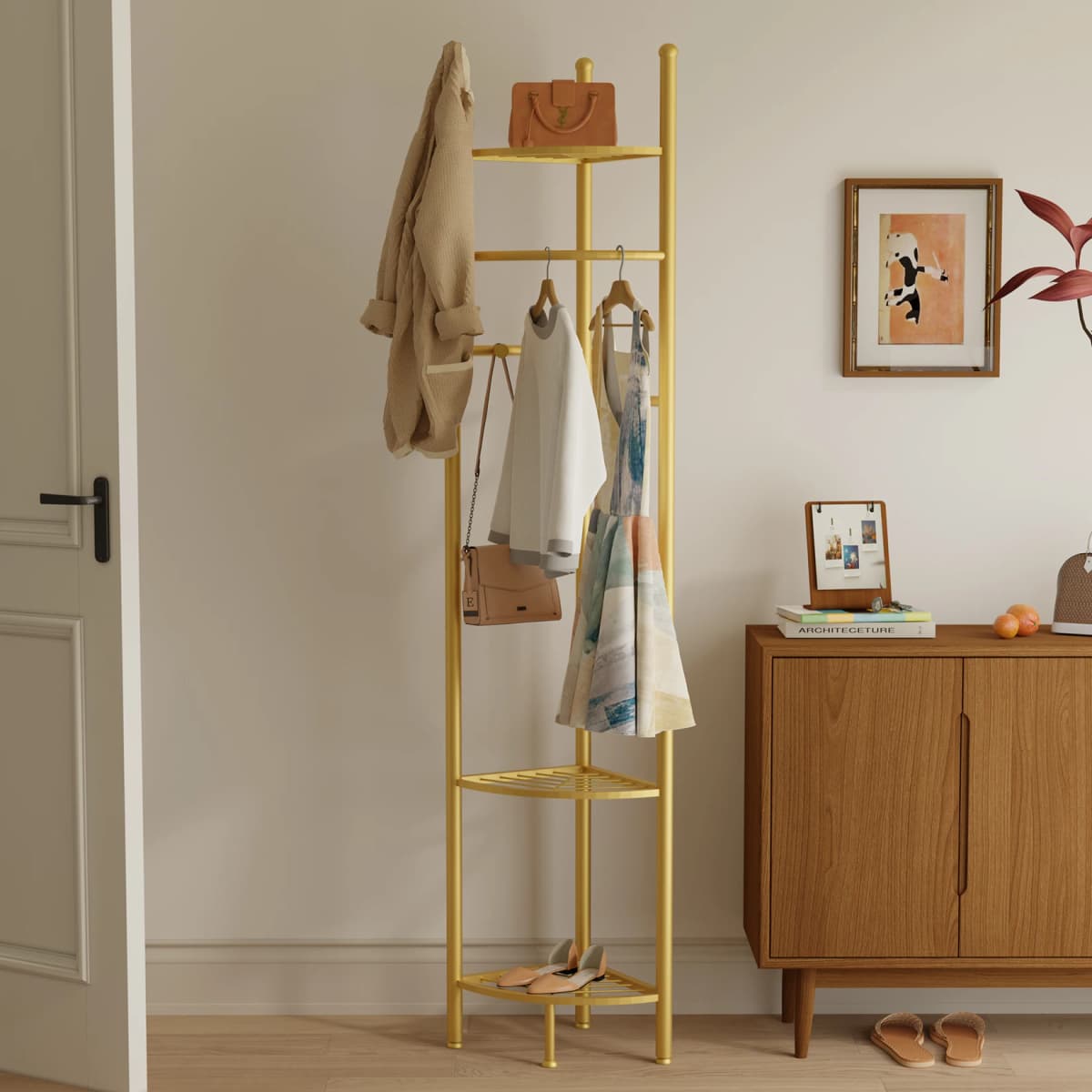 Space-Saving Tall Entryway Gold Metal Coat Stand with Shelves A Free-Standing Clothes Rack Ideal for Bedroom & Living Room
