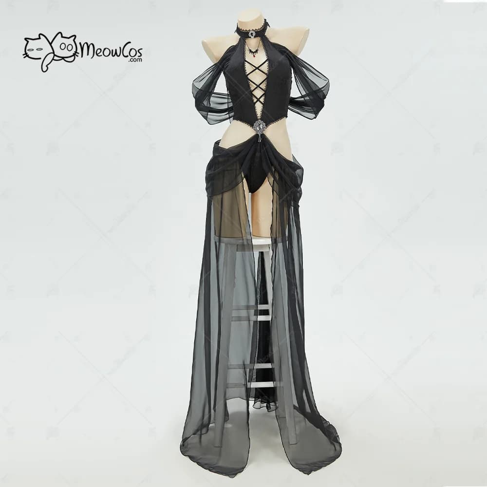 MEOWCOS Women's Gothic Elf Style Cosplay Costume Elf Lingerie Black Bodysuit with Sleeves and Necklace for Halloween Gift