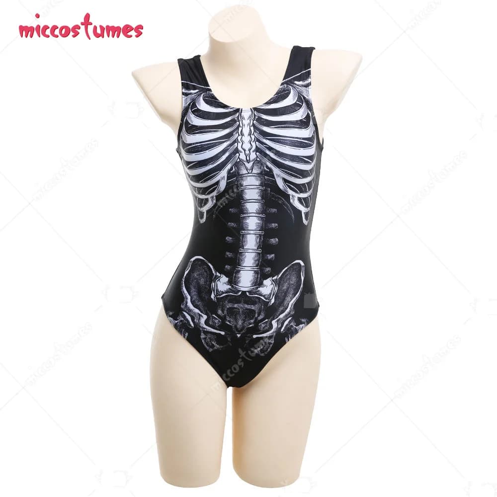 Woman Dark Gothic White Skeleton One-Piece Zentai Bodysuit Swimming Suit Bathing Suit Beach Swimsuit Outfit Cosplay Costume