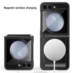 For Samsung Galaxy Z Flip 5 Leather Case with Invisible Bracket Magnetic Wireless Charging Folding Hinge Protection Cover