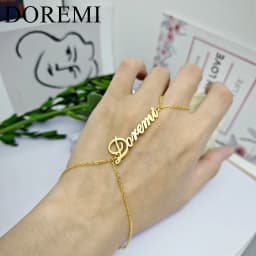 DOREMI Custom Name Thin Chain Bracelet Finger Chain Letters Ring Bracelet Girls Kids Jewelry Set Friendship Girls Bracelet
