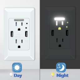 2 USB Charger Wall Outlet 15Amp Receptacle Charging Ports 2 Electrical AC Outlets Auto On/Off Nightlight Sensor and Wall Plates
