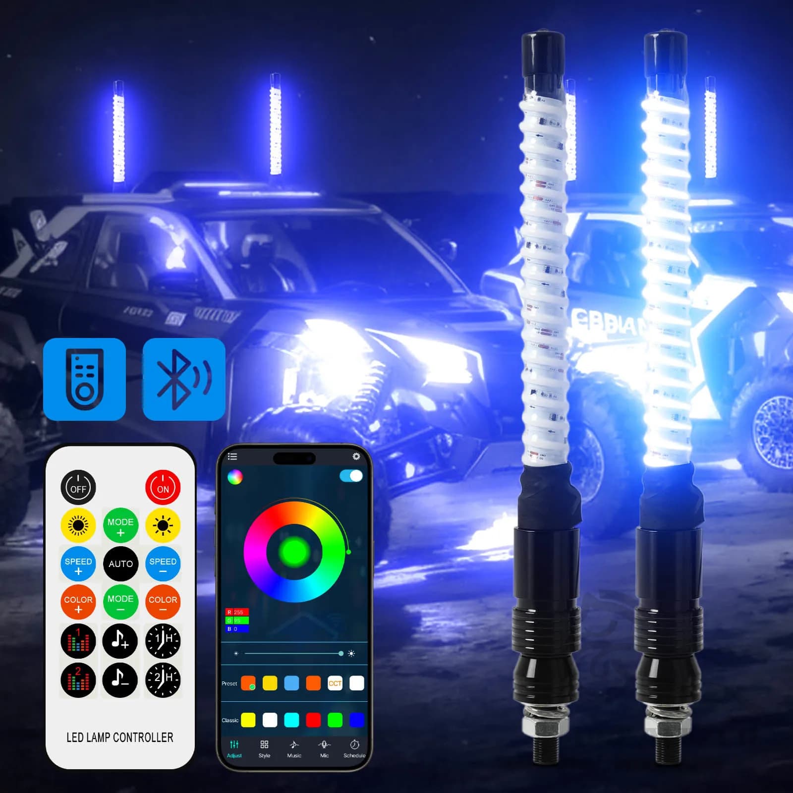 2PCS 1FT COB LED Whip Lights Remote Control Flagpole Antenna Whips for UTV ATV Off Road Truck Sand Buggy Dune RZR