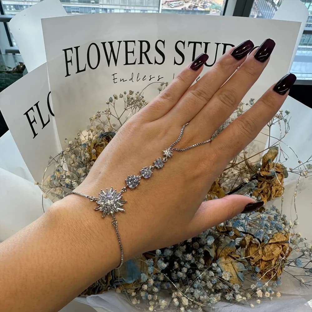 Stonefans Luxury Flower CZ Finger Bracelet Ring Hand Chain for Women Adjustable Fairy Slave Bracelet Back Hand Jewelry Gift