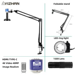 48MP 1080P Articulated Arm Microscope 4K 2K HDMI/USB/VGA/Type-C Digital Microscope Camera 1-150X Lens 5-100cm Work For Soldering
