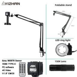 48MP 1080P Articulated Arm Microscope 4K 2K HDMI/USB/VGA/Type-C Digital Microscope Camera 1-150X Lens 5-100cm Work For Soldering