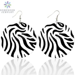 SOMESOOR Vintage Zebra Pattern Print African Wooden Drop Earrings Teardrop Round Geometric Pendant Dangle Jewelry For Women Gift