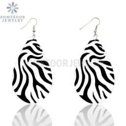 SOMESOOR Vintage Zebra Pattern Print African Wooden Drop Earrings Teardrop Round Geometric Pendant Dangle Jewelry For Women Gift