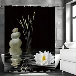 Zen Stone with Asian Sleeping Lotus Reflection in Water Black and White Shower Curtain, Bathroom Decorative Shower Curtain, Wate